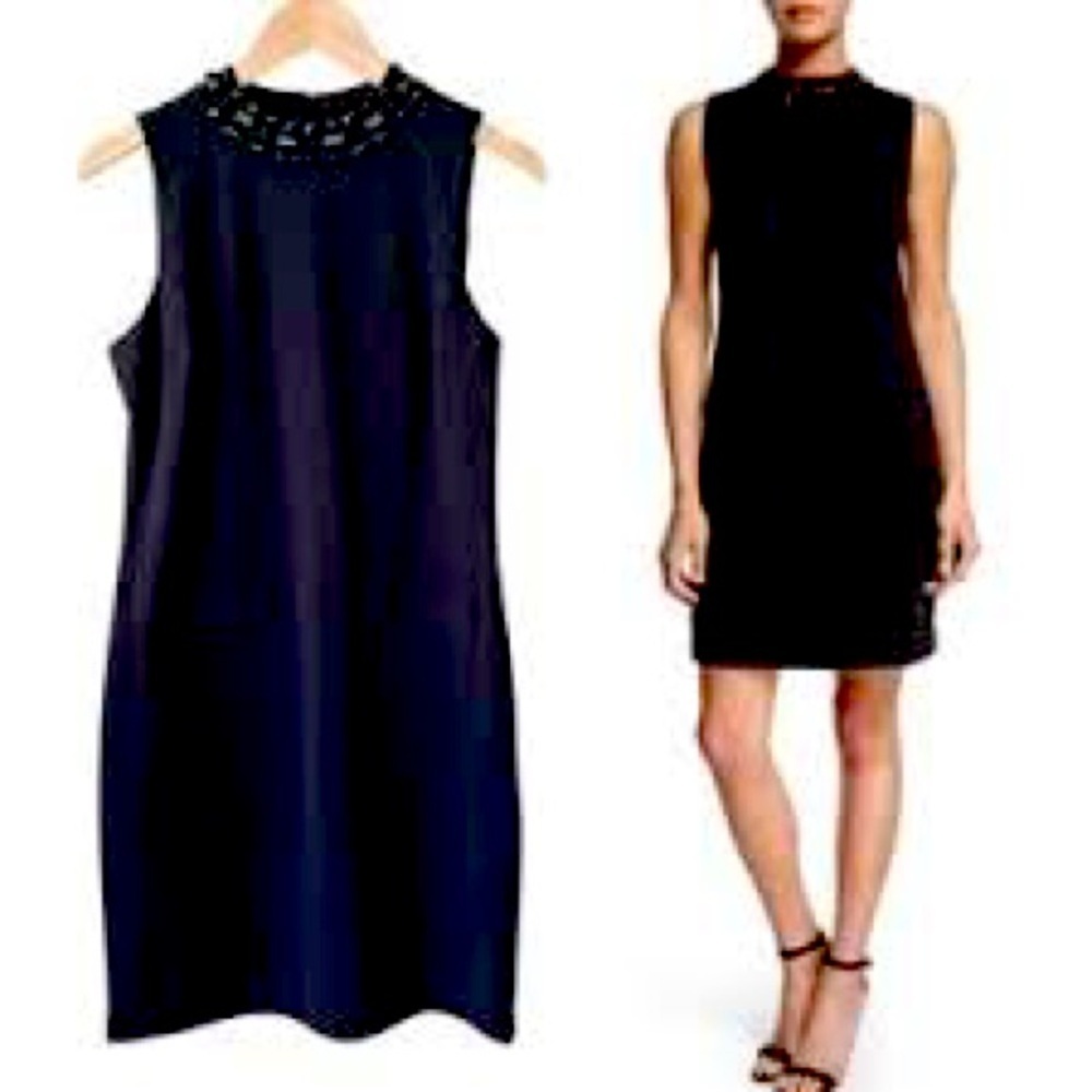 Michael Kors Black Midi Dress with Jeweled Neckline Size Medium